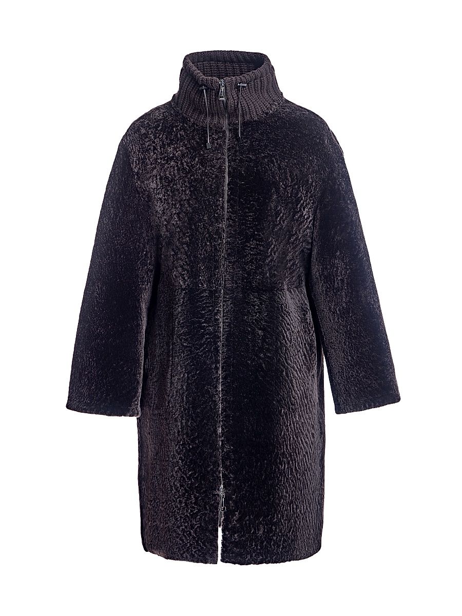 Women's Shearling Jacket with Knit Collar - Dark Brown - Size XL