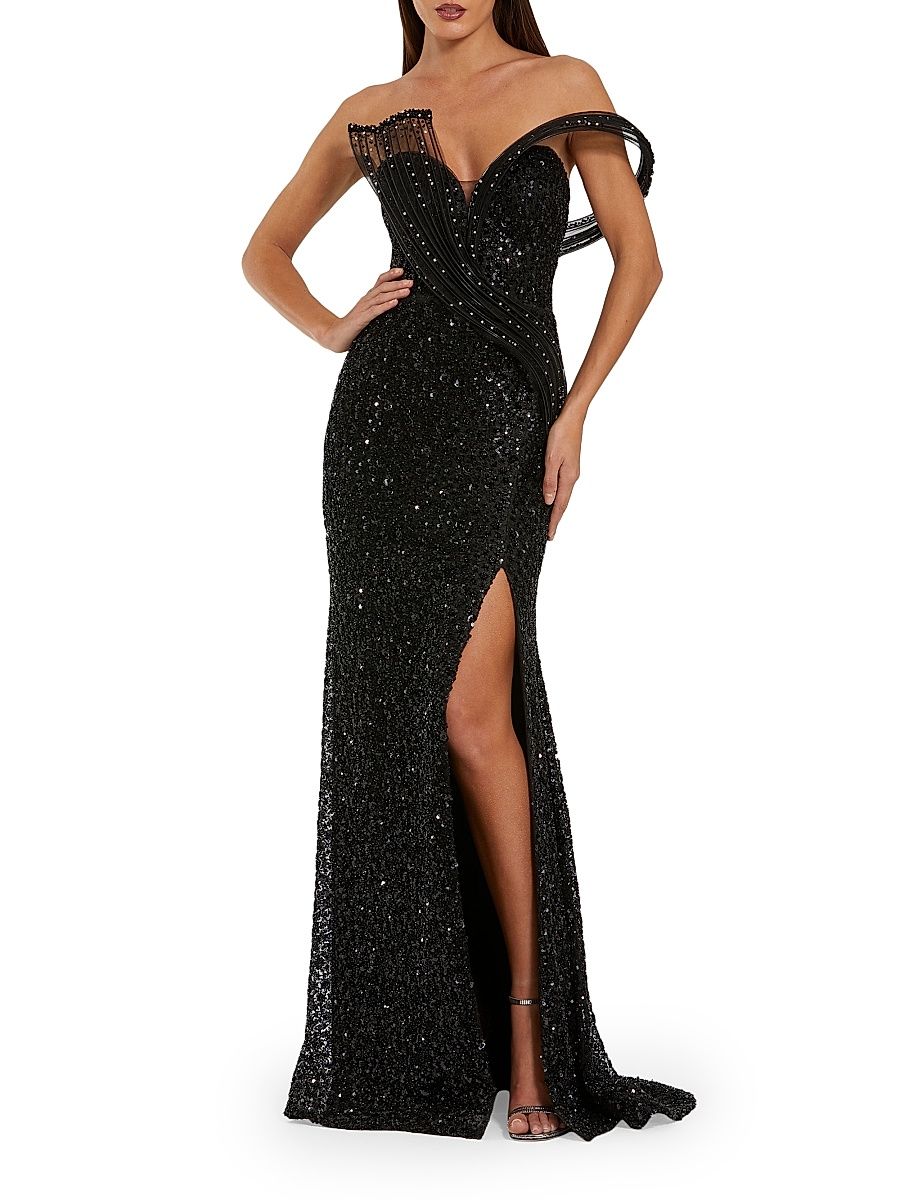 Women's Crystal-Embellished Sequined Asymmetric Gown - Black - Size 12