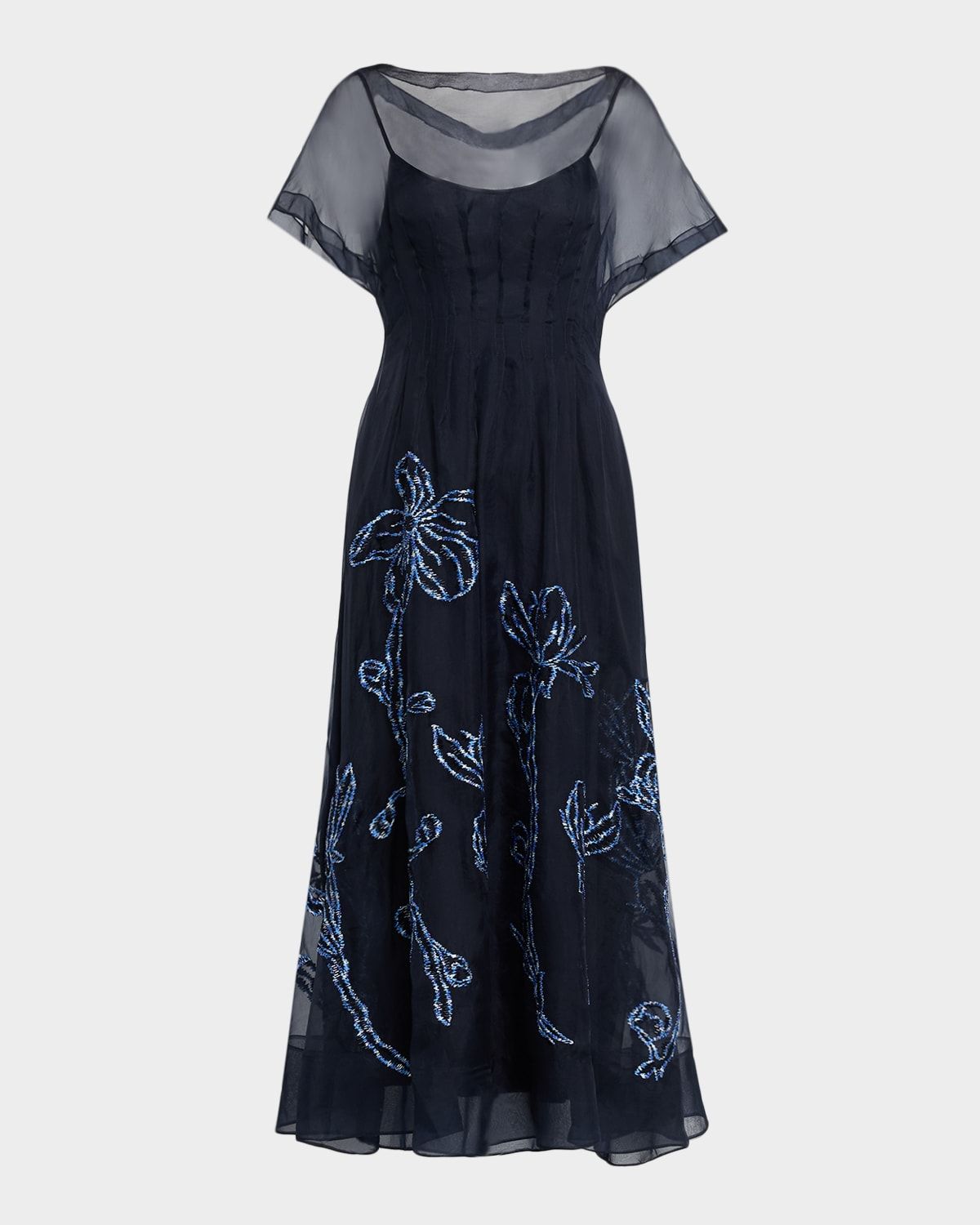 Ikat Floral Embroidered Organza Midi Dress