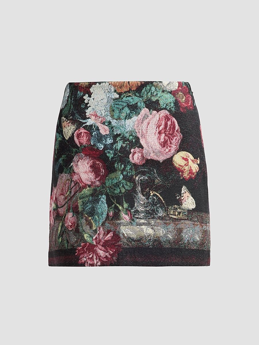 Women's Marseille Floral Knit Mini Skirt - Black Multi Rose - Size 0