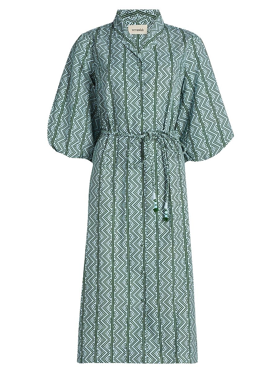 Women's Tie-Waist Printed Cotton Poplin A-Line Shirtdress - Ice Blue And Emerald Toda - Size XL