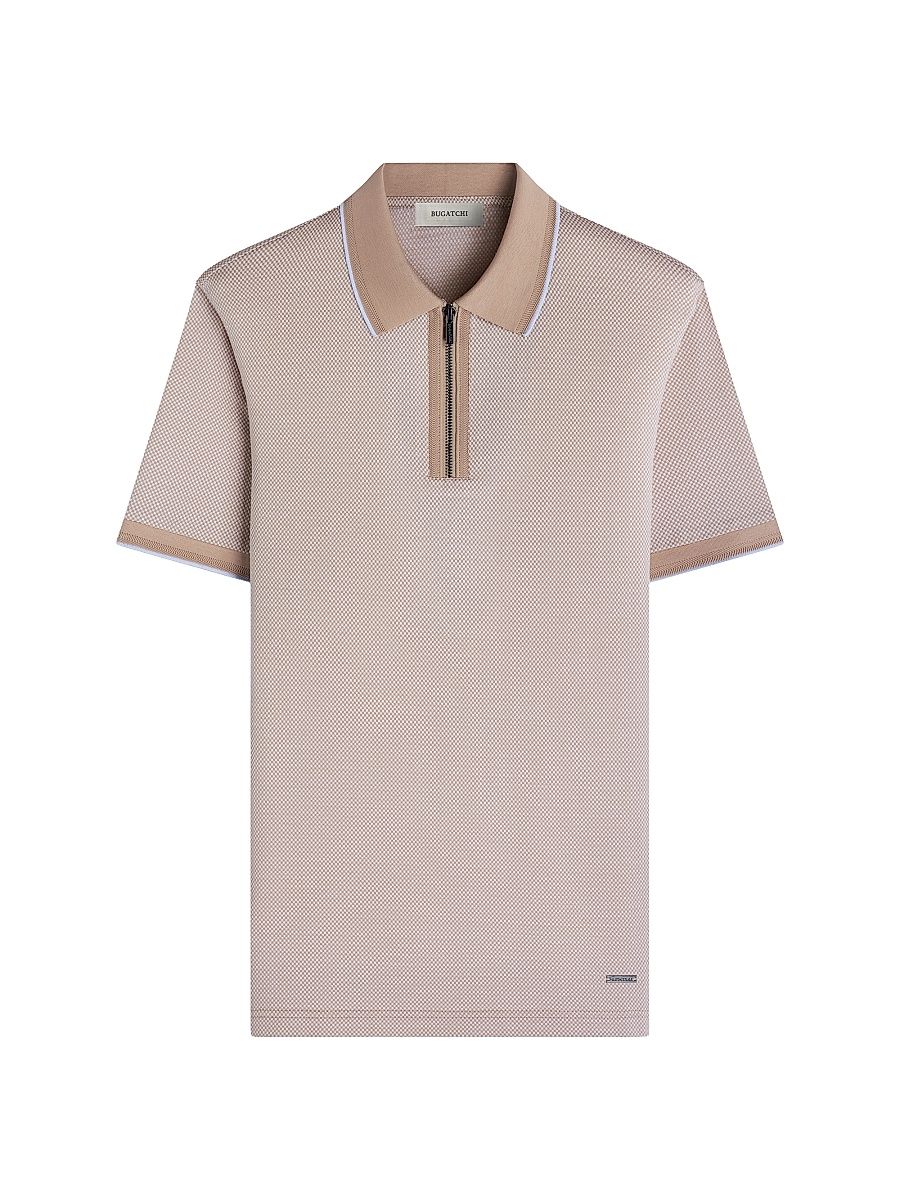 Men's Pin Check Cotton Quarter-Zip Polo Shirt - Sand - Size XL