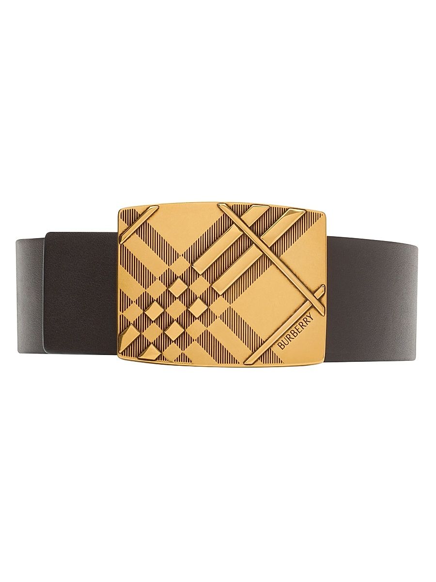 Men's Check-Engraved Bucklet Reversible Leather Belt - Peat Sand Gold - Size 38