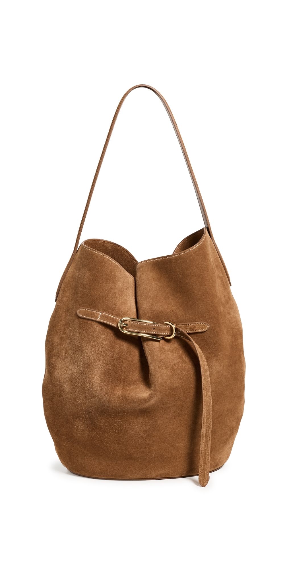 Liffner Belted Large Suede Bucket Bag Saddle Brown Gold Hardware One Size
