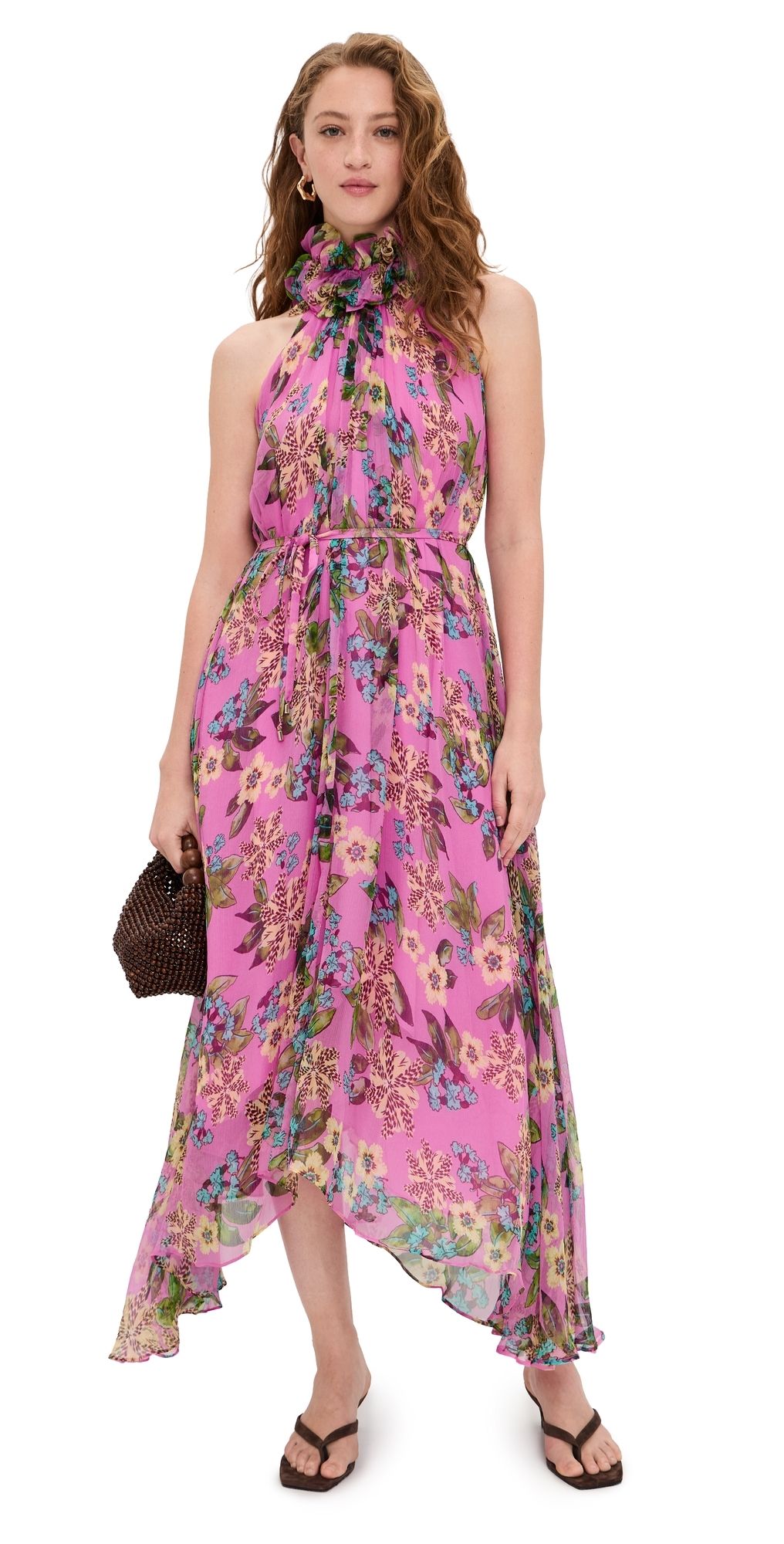 SALONI Iris Silk Ruffle Dress Fiori Peony 10