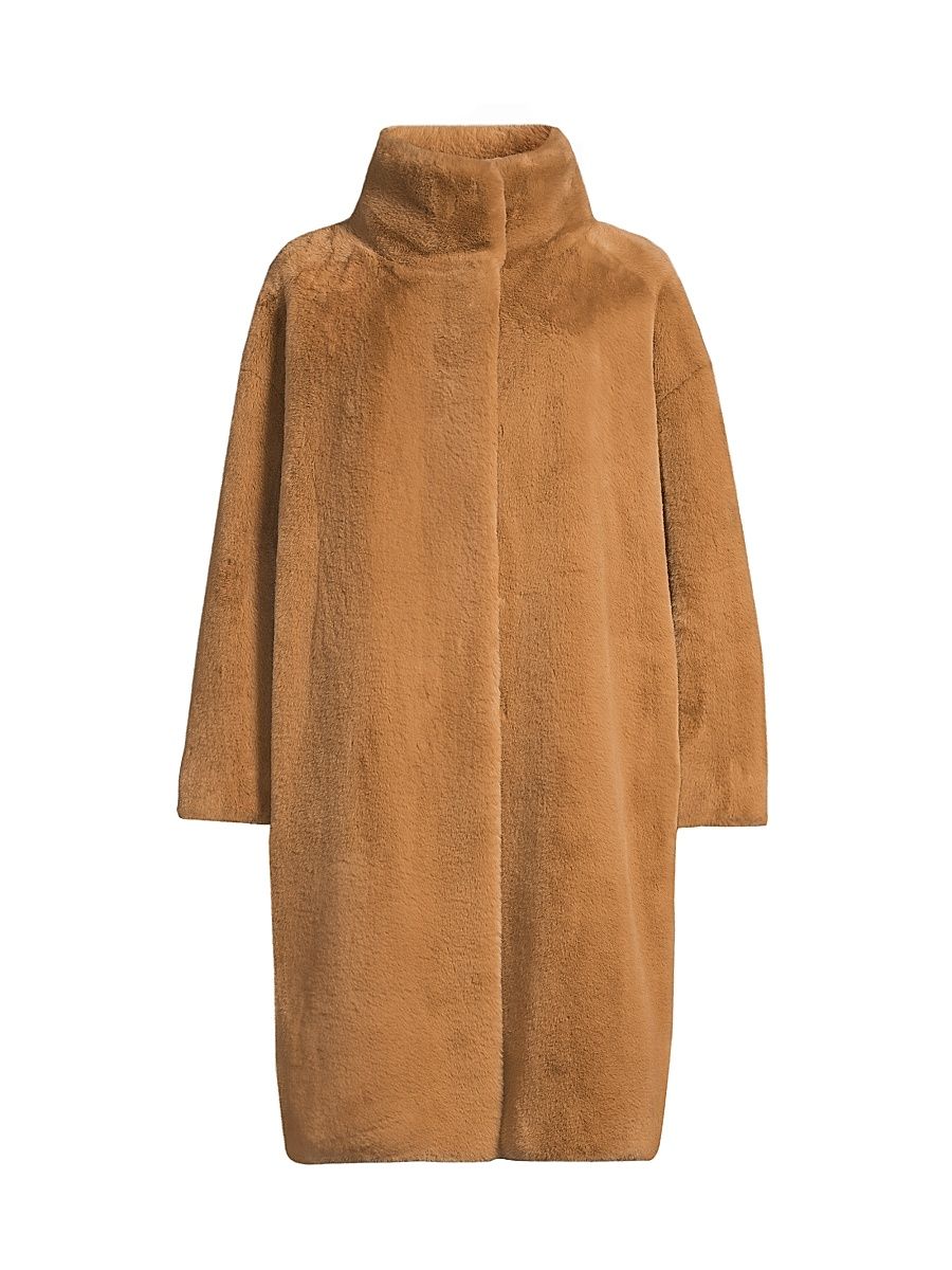 Women's Faux Fur Knee-Length Coat - Cammello - Size 10