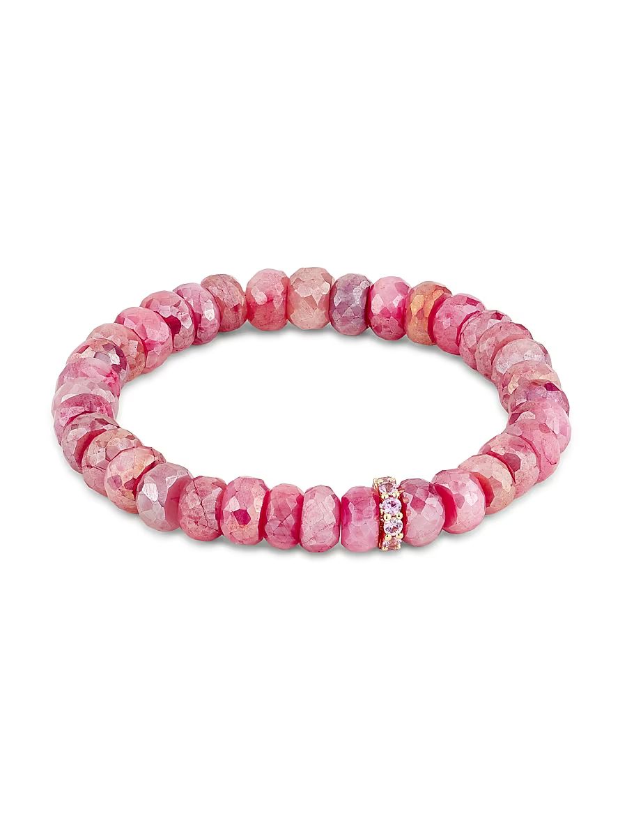 Women's Love Notes 14K Yellow Gold, Red Moonstone & Pink Sapphire Beaded Stretch Bracelet - Red Moonstone