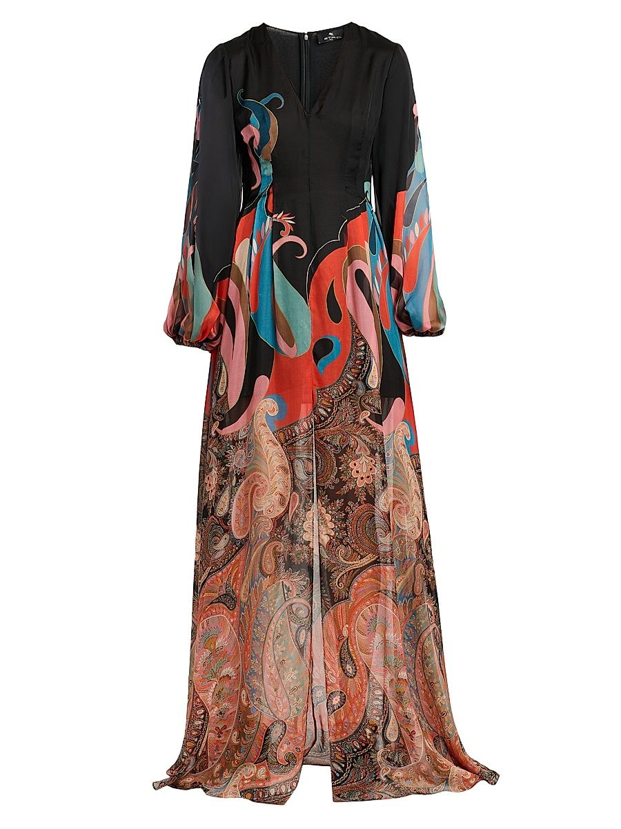 Women's Lotus Paisley Print A-Line Gown - Printed Black Base - Size 2