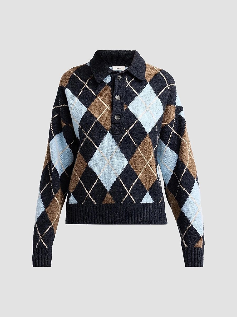 Women's Lennon Argyle Polo Sweater - Sky Blue Combo - Size Small