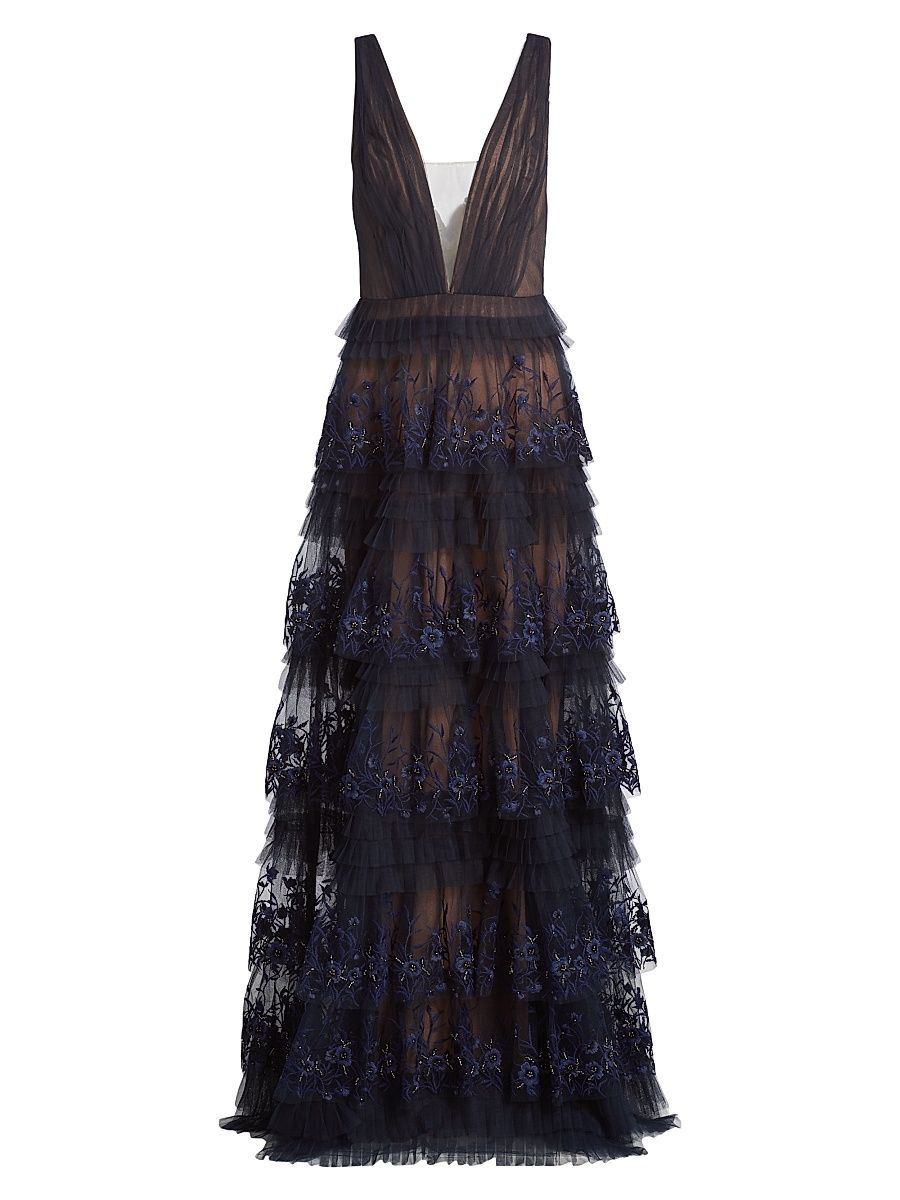 Women's Tulle Floral-Embroidered Tiered Gown - Midnight - Size 12