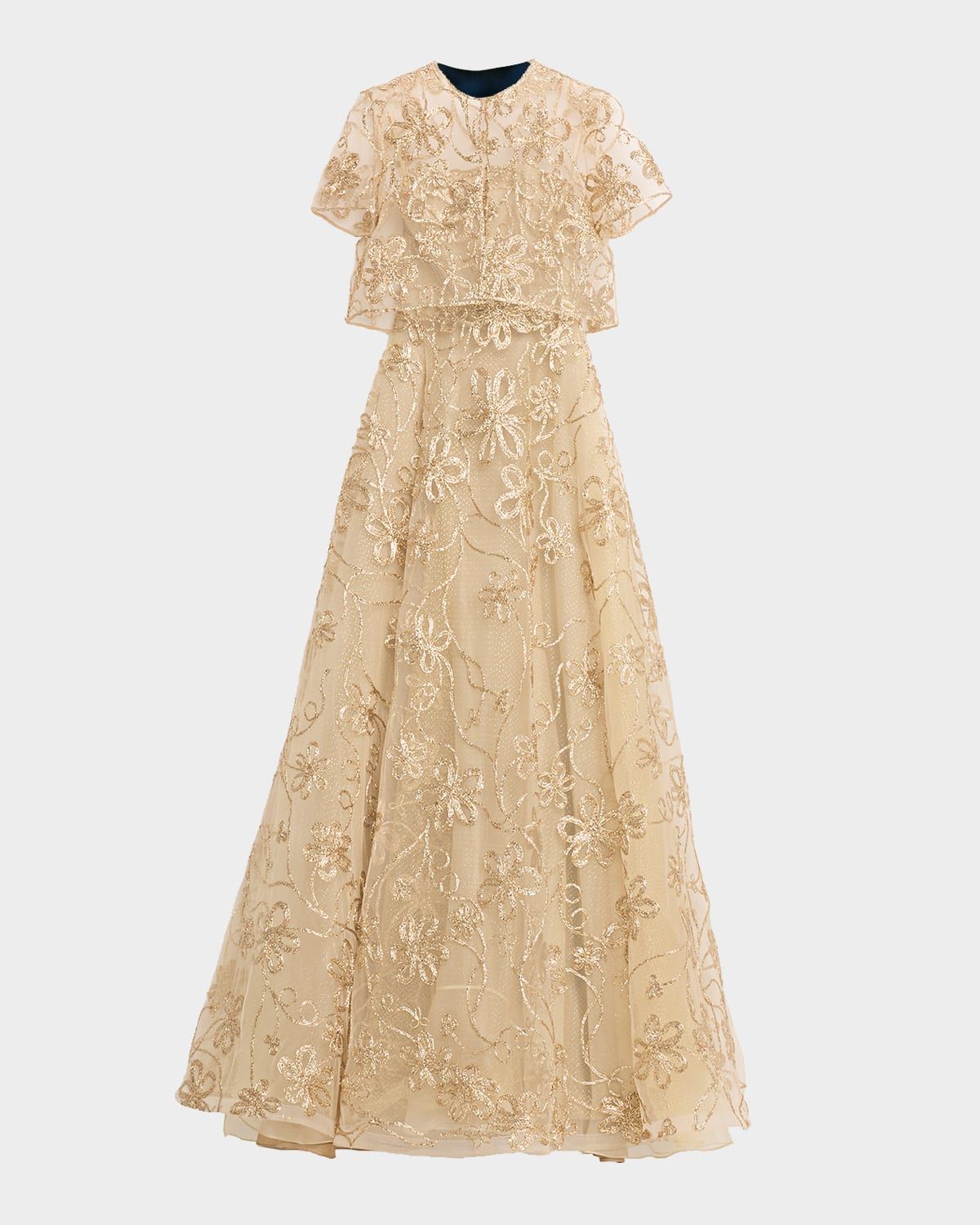 Short-Sleeve Metallic Raffia Embroidered Bolero Gown