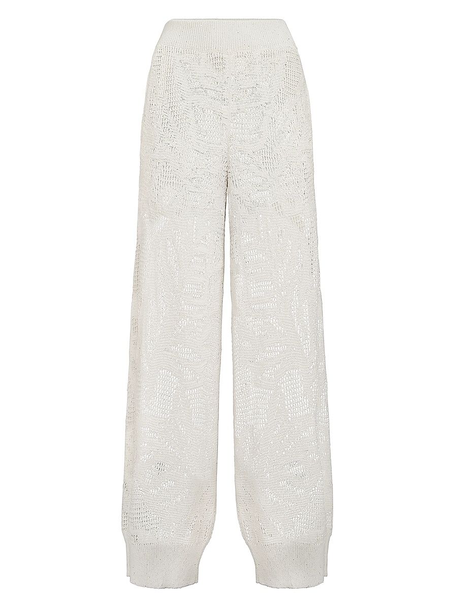 Women's Linen and Cotton Dazzling Water Lillies Knit Track Trousers - White - Size Small