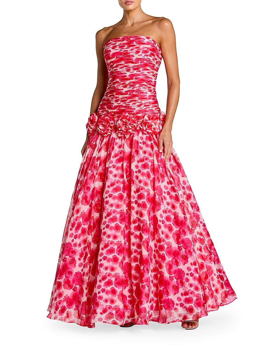 Women's Floral Chiffon Strapless Gown - Grapefruit Multi - Size 12