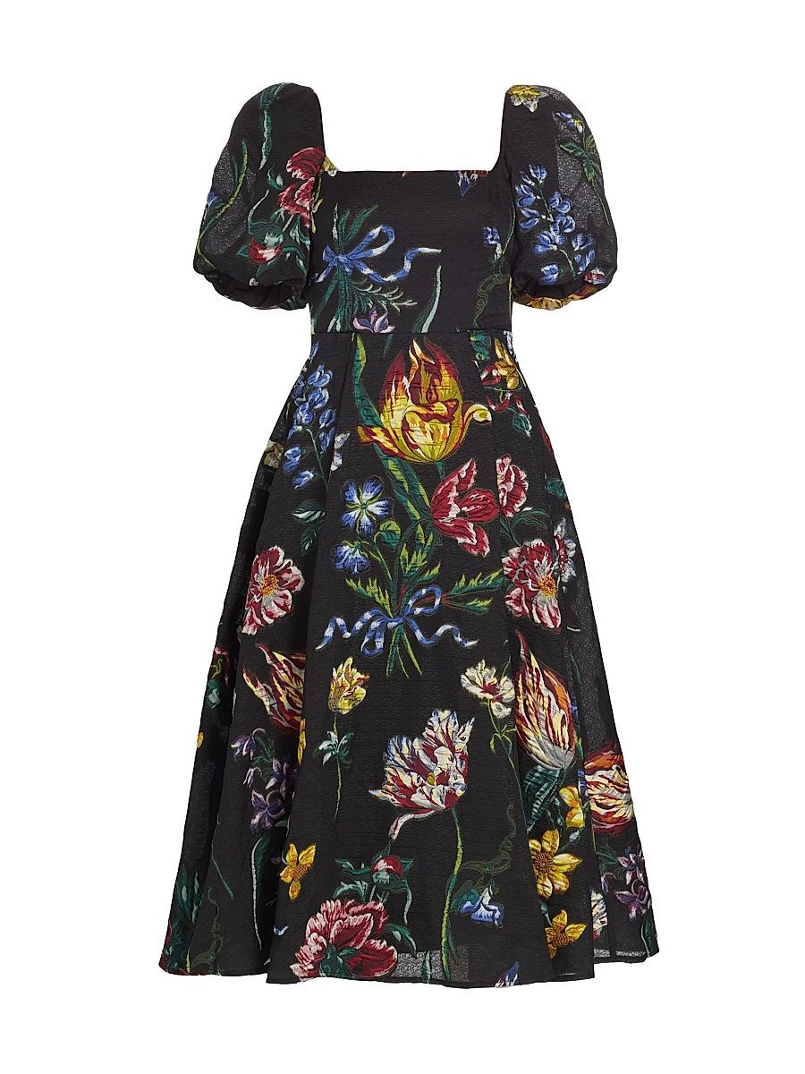 Women's Floral Jacquard Puff-Sleeve A-Line Dress - Black Multi - Size 2