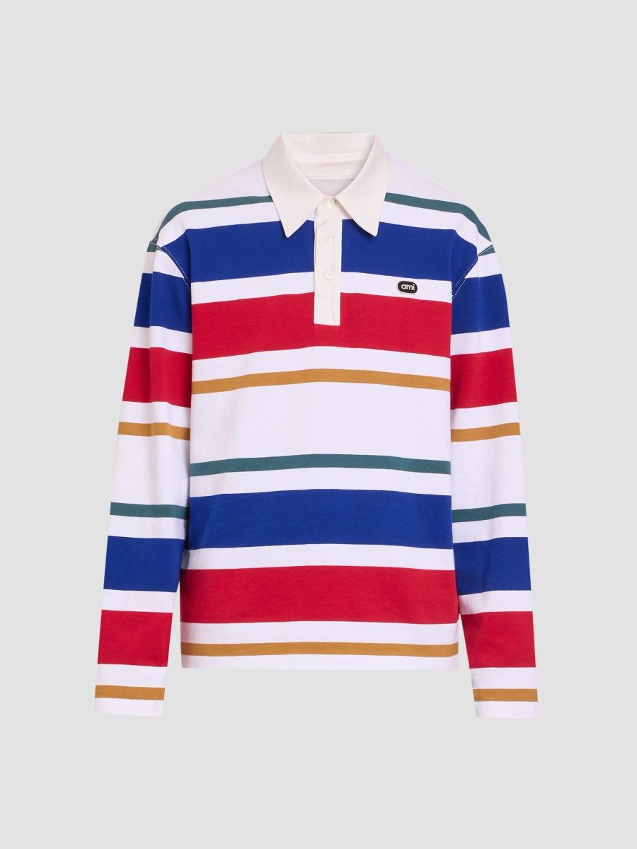 AMI Paris Men's Ami Bouclette Oval Patch Stripe Polo - Blanc Blue Rouge - Size XXL