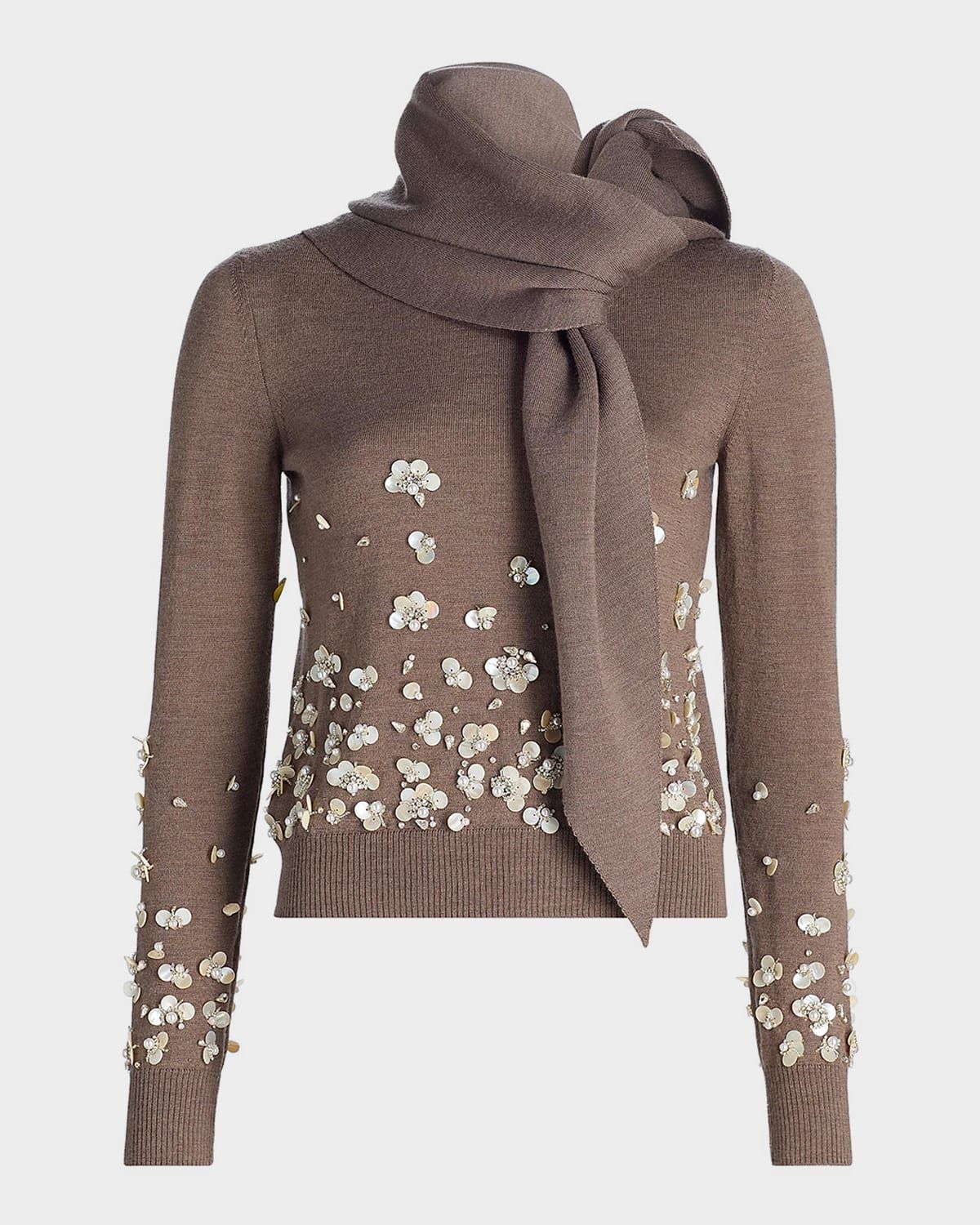 Mother Of Pearl Embellished Wool Scarf-Neck Sweater