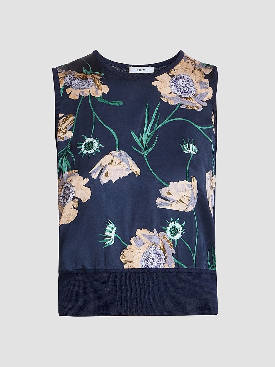 Women's Flower Wool Knit Sleeveless Top - Navy - Size Medium