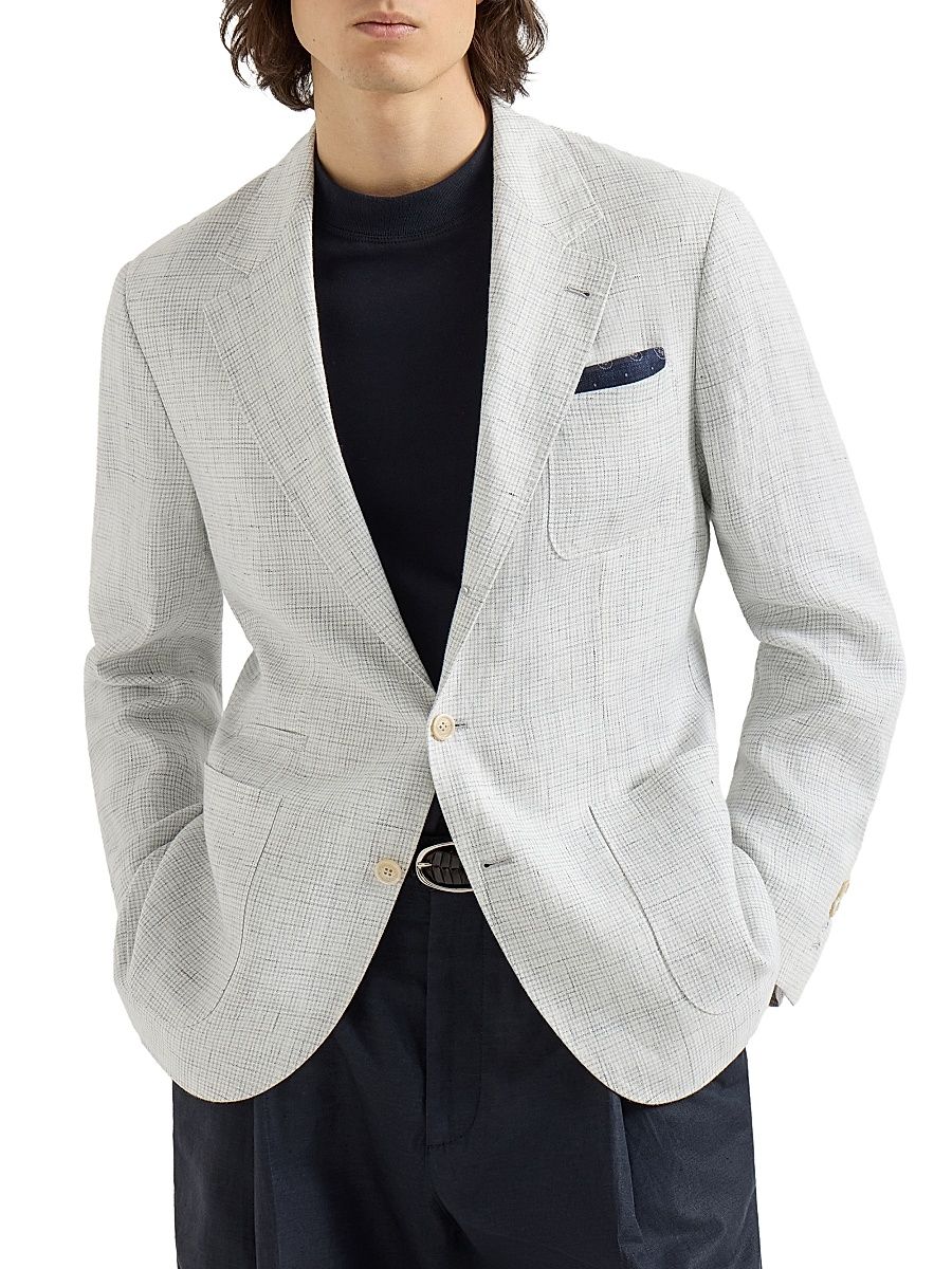 Men's Linen Houndstooth Deconstructed Blazer with Patch Pockets - Pearl Grey - Size 40
