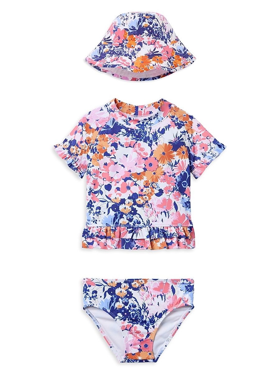 Little Girl's & Girl's Ruffle Rashguard, Swimsuit, & Hat Set - Size 12
