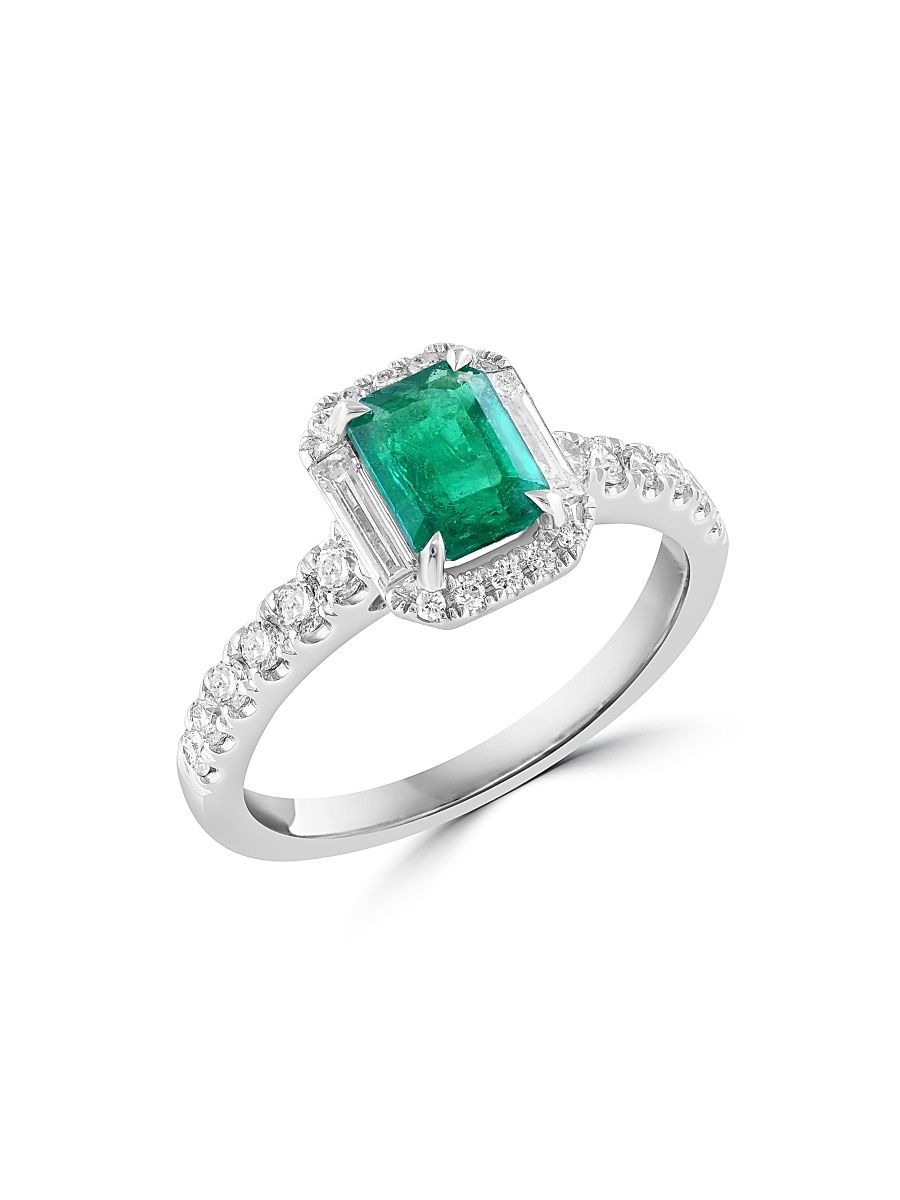Women's 18K White Gold, Emerald & 0.60 TCW Diamond Halo Ring - Yellow Gold - Size 7