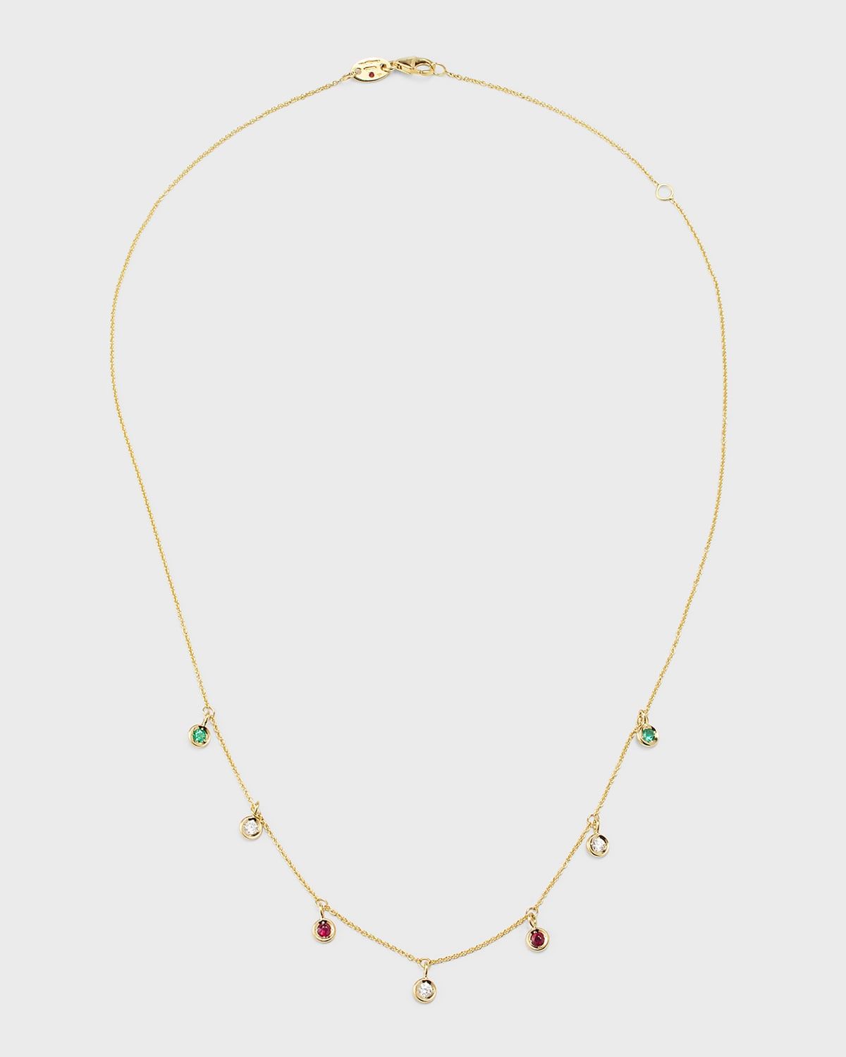 18K Yellow Gold Ruby, Emerald and Diamond 7 Dangle Necklace