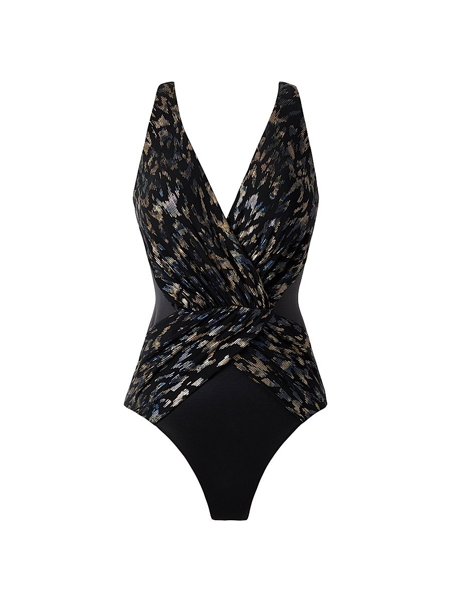 Women's Sparkle Plenty Ibiza Surplice One-Piece Swimsuit - Black Multi - Size 16