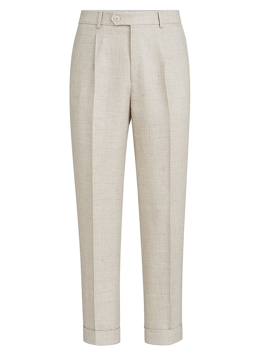 Men's Silk, Linen and Wool Hopsack Pleated Trousers - Sand - Size 32