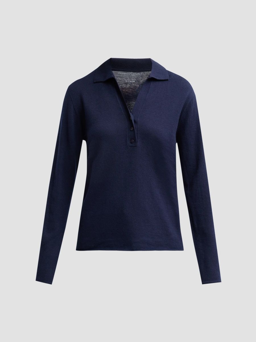 Majestic Filatures Women's Machine Washable Cashmere Long-Sleeve Polo Top - Marine - Size Large