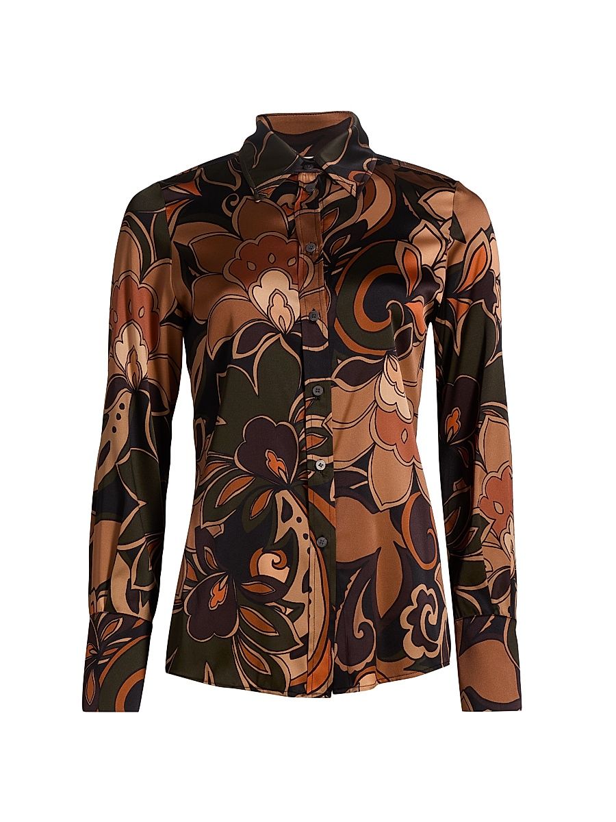 Women's Victoria Retro-Printed Stretch-Silk Shirt - Boho Brown Combo - Size Small