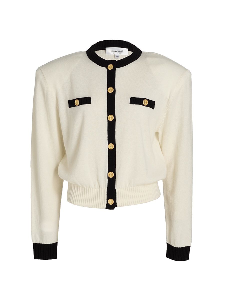 Women's Gemma Tipped Wool-Cashmere Cardigan - White Black - Size XL