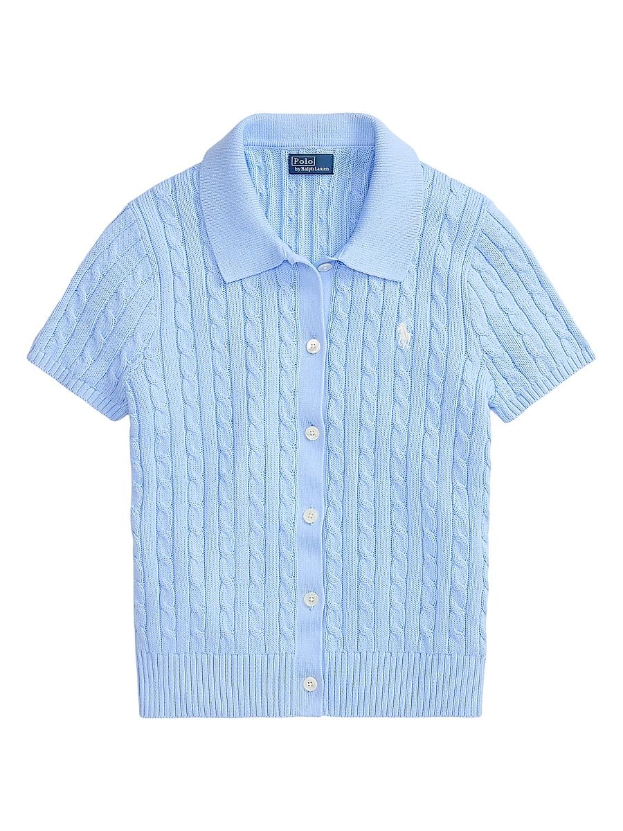 Women's Cable-Knit Cotton Polo Cardigan - Baby Blue - Size XS