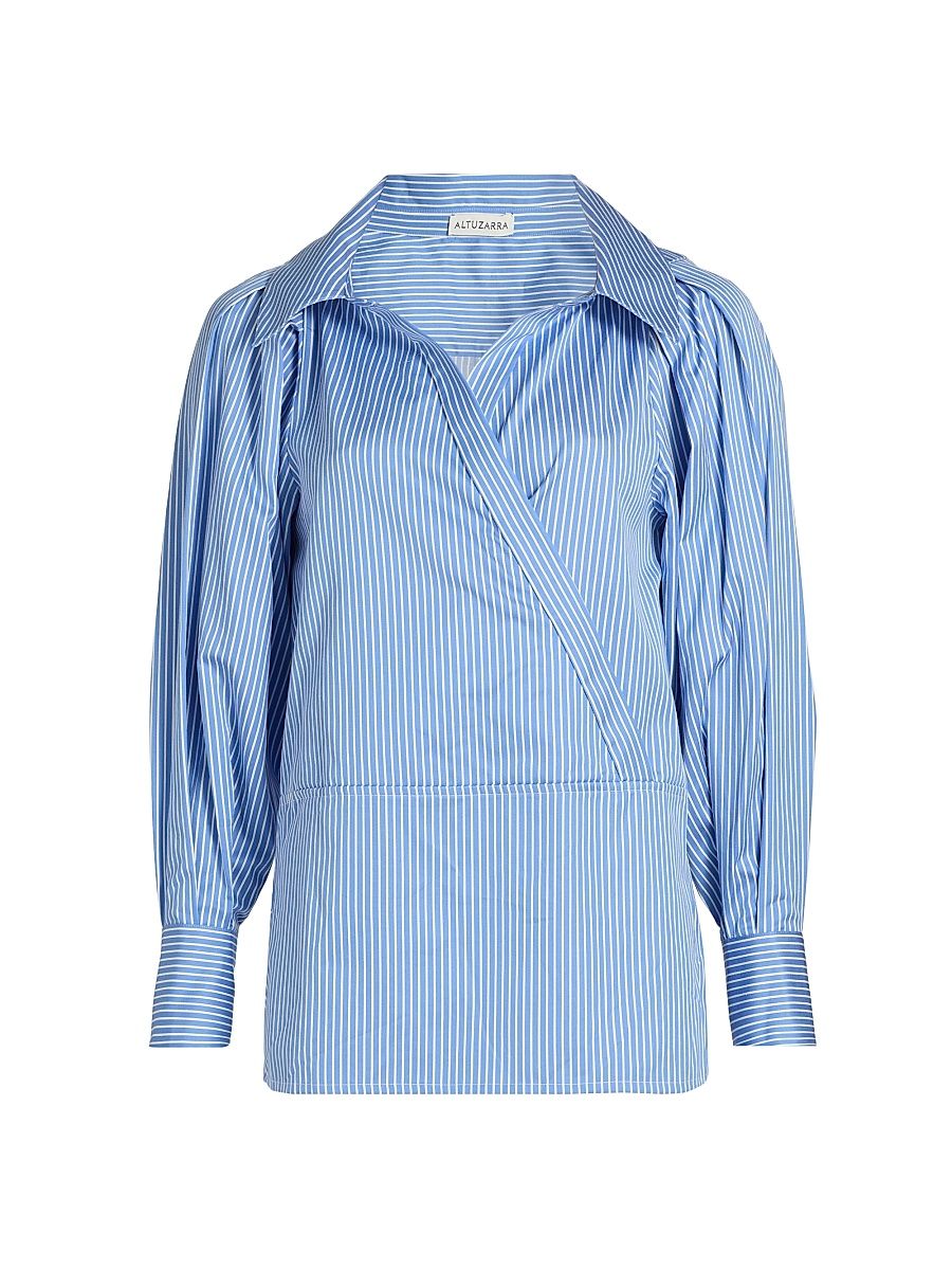 Women's Arthur Striped Poplin Wrap Top - Azure Stripe - Size 14