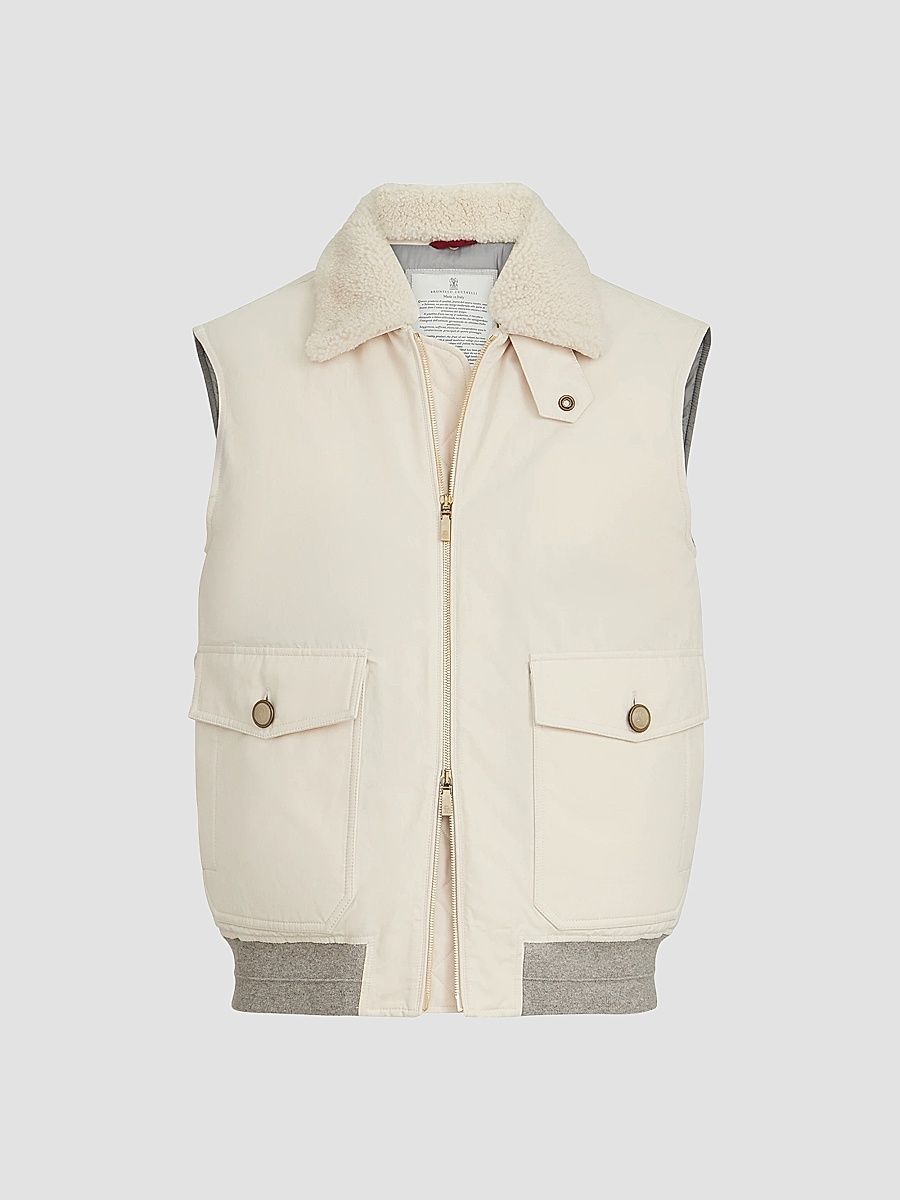Men's Waxed Techno Cotton Down Vest with Detachable Shearling Collar - Beige - Size Large
