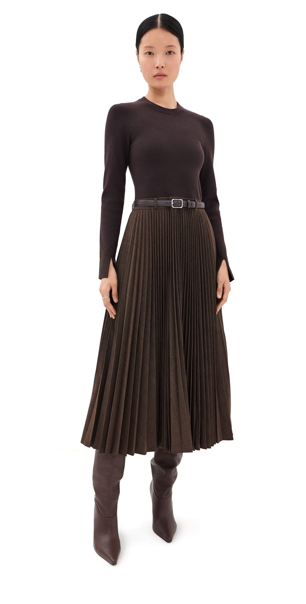 SIMKHAI Trista Long Sleeve Midi Dress DARK CHOCOLATE MULTI L