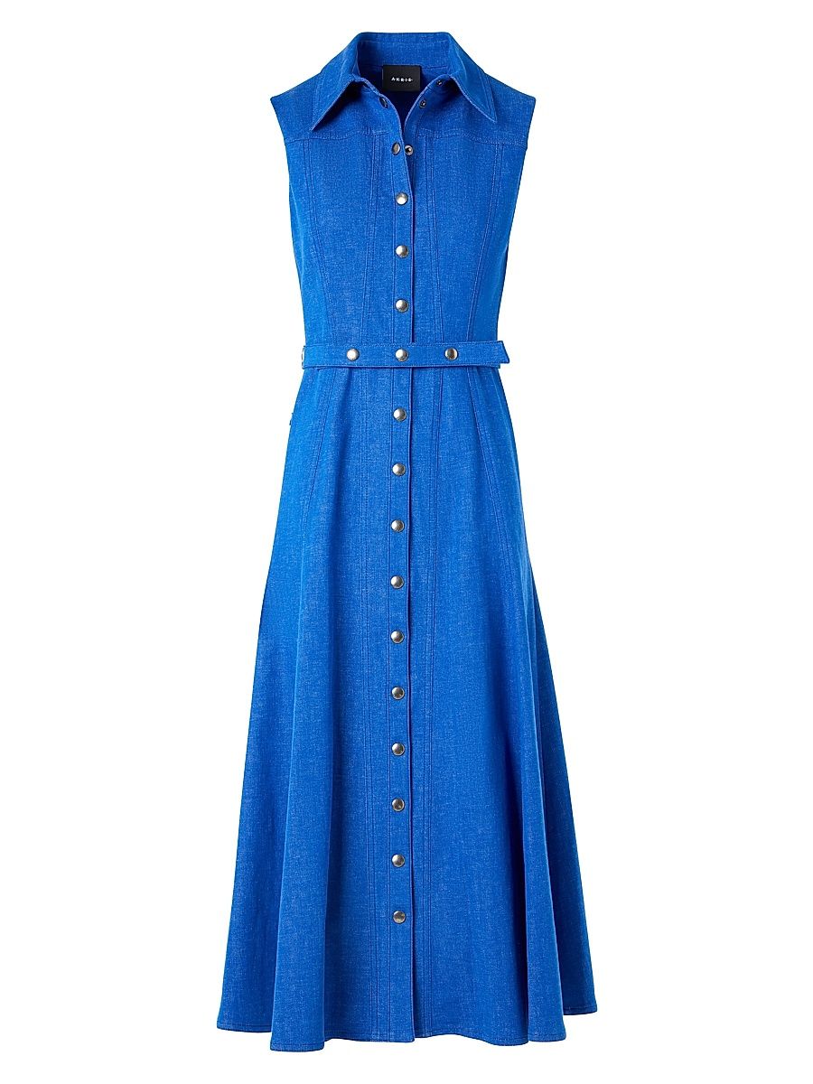 Women's Belted Cotton-Blend Denim Midi-Shirtdress - Lapis Blue - Size 14