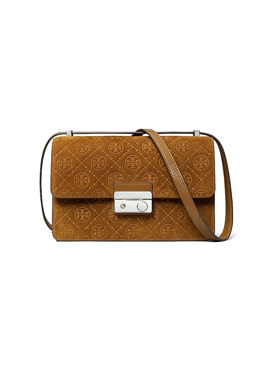 Women's T Monogram Suede Shoulder Bag - Chicory Brown
