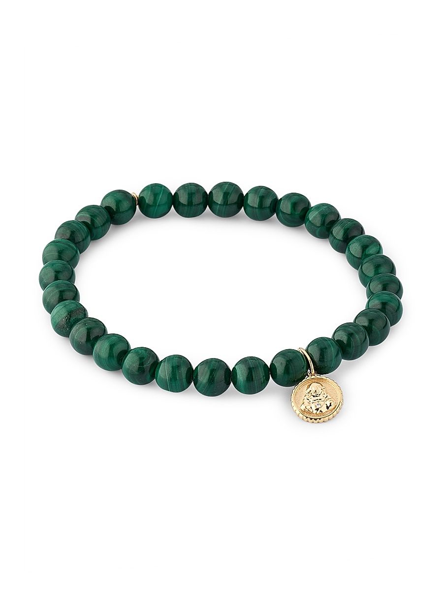 Women's Tiny Sitting Buddha 14K Yellow Gold, Malachite & 0.003 TCW Diamond Beaded Charm Bracelet - Green Gold
