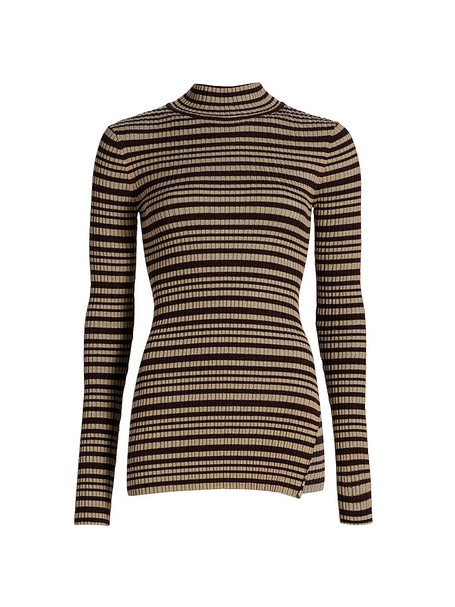 Women's Grow Arella Striped Wool-Blend Turtleneck Sweater - Black Brown Green Stripe - Size XS