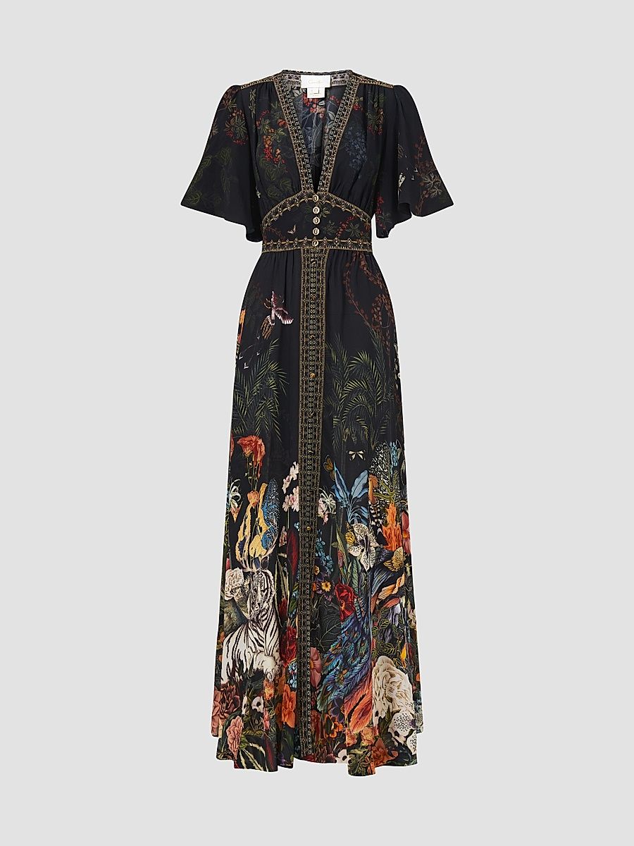 Women's Palace Zoology Print Silk Tapered-Waist Maxi Dress - Palace Zoology - Size Small