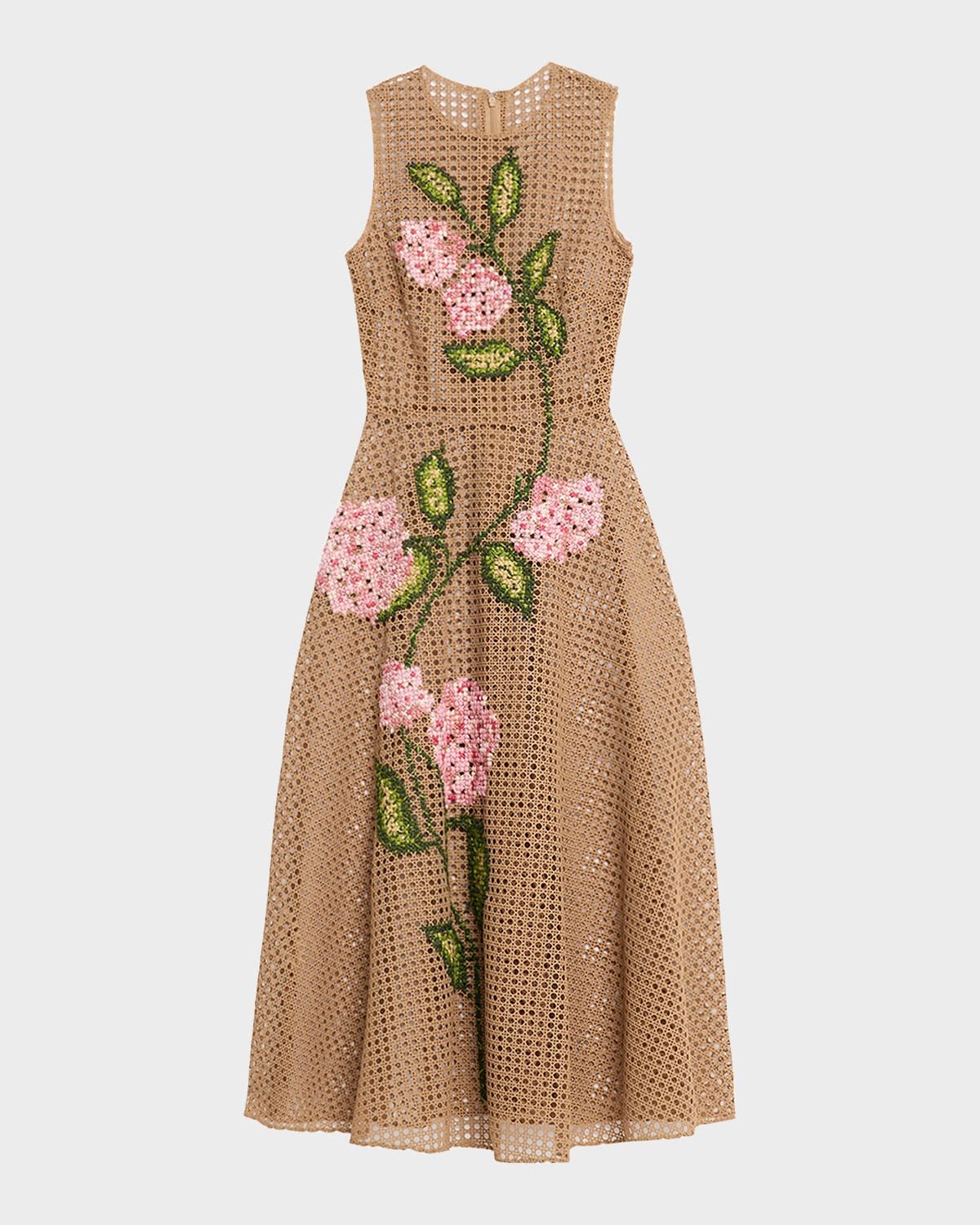 Cross-Stitched Rattan Guipure Sleeveless Midi Dress