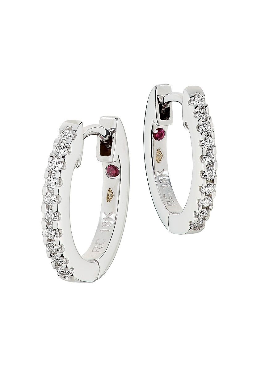 Women's Tiny Treasures Small 18K Yellow Gold, Ruby & 0.09 TCW Diamond Huggie Earrings - White Gold
