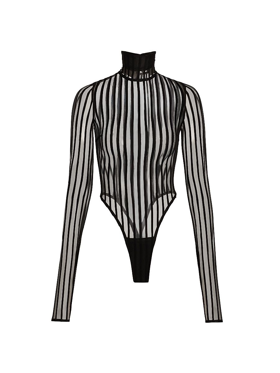 Women's Striped Sheer Turtleneck Bodysuit - Black - Size Medium
