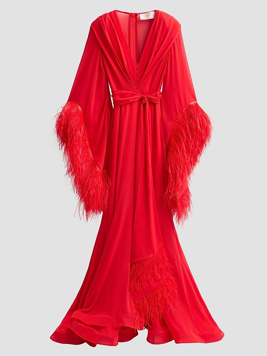 Women's Geisha Ostrich Feather-Trim Gown - Flame - Size Large