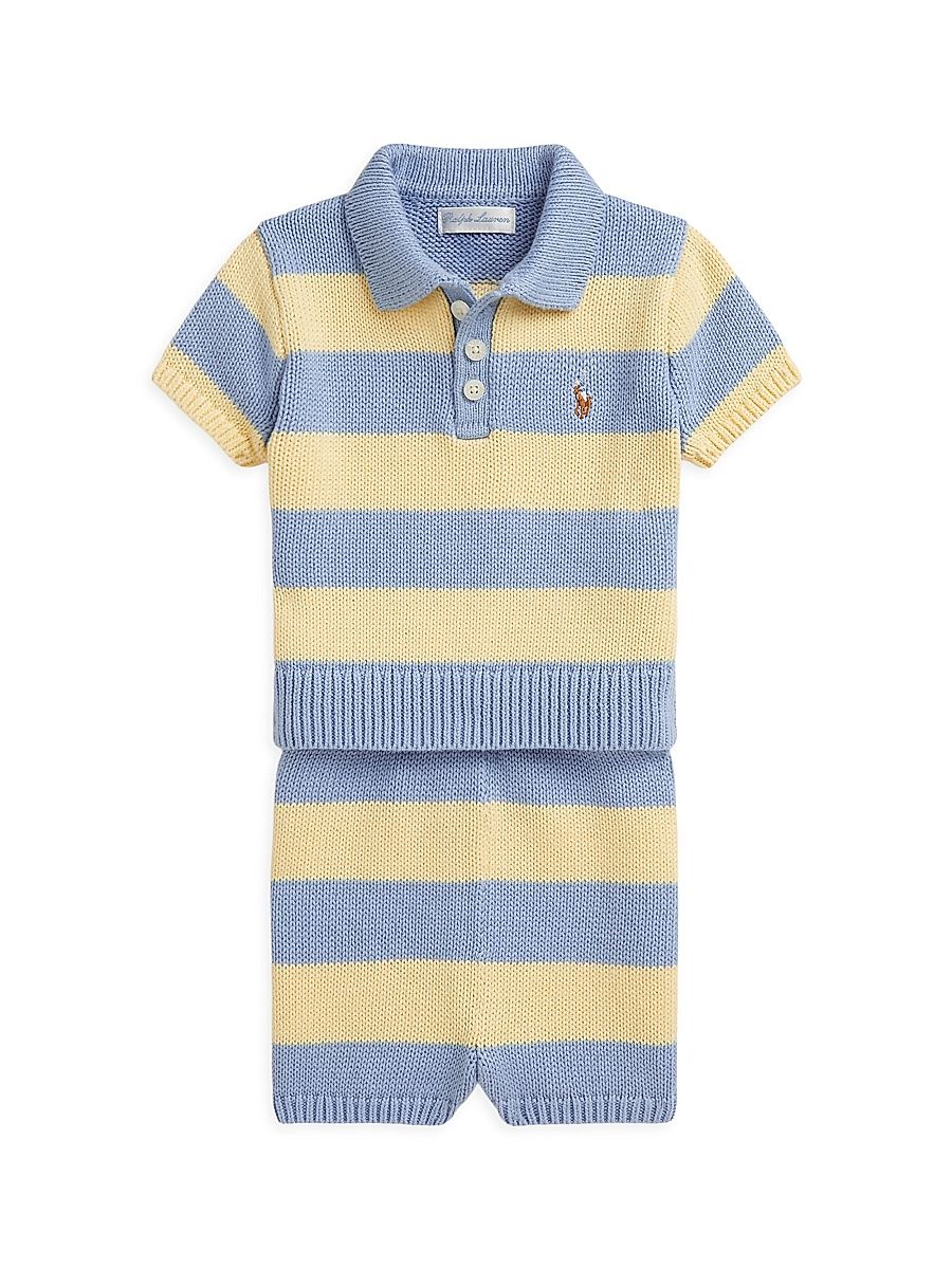 Baby's Rugby Striped Knit Shirt & Shorts Set - Chambray Blue - Size 9 Months