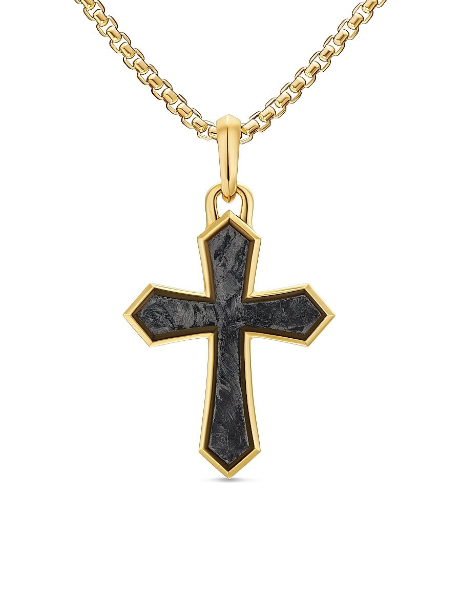 Men's Cross Amulet in 18K Yellow Gold with Forged Carbon, 28MM - Forged Carbon