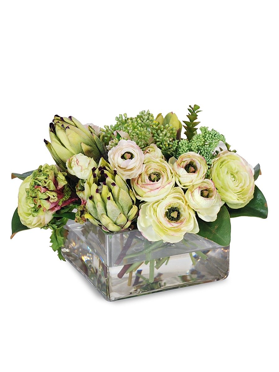 Everyday Floral Imitation Protea & Ranunculus Blossoms In Glass Vase