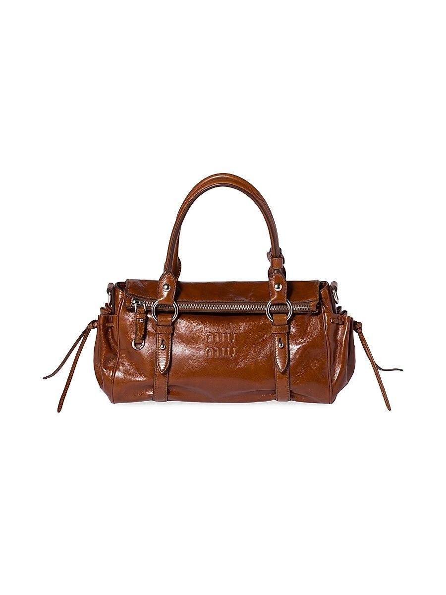 Women's Glossy Leather Top Handle Bag - Brown