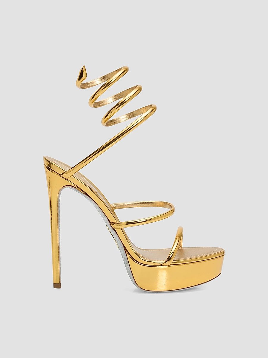 Rene Caovilla Women's Metallic Leather 130MM Platform Snake-Wrap Sandals - Dark Gold - Size 5