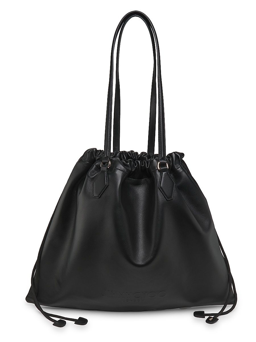 Women's Drawstring Large Leather Tote - Black Light Gold