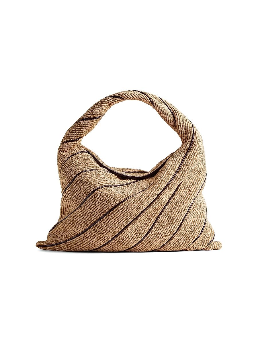 Women's Large Hop Leather-Striped Raffia Shoulder Bag - Fondant